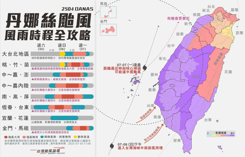 丹娜絲颱風風雨時程全攻略。 圖:取自台灣颱風論壇|天氣特急