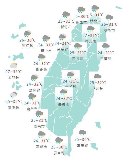 氣象署公布各地天氣預報概況。 圖:氣象署提供