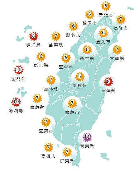 氣象署發布各地紫外線指數預報概況。 圖:氣象署提供
