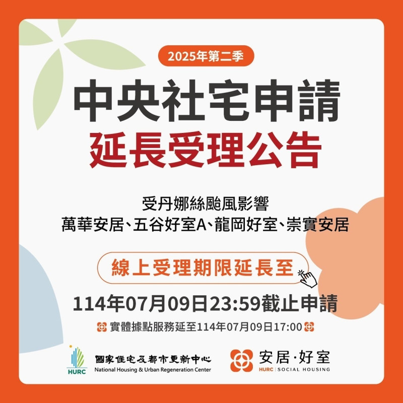 因應丹娜絲颱風影響，國家住都中心首波中央社宅招租，包括：台北市萬華安居、新北市五谷好室A、桃園市龍岡好室和高雄市崇實安居等4處社會住宅，線上受理期限延長至7月9日23:59截止申請。   圖：國家住都中心提供