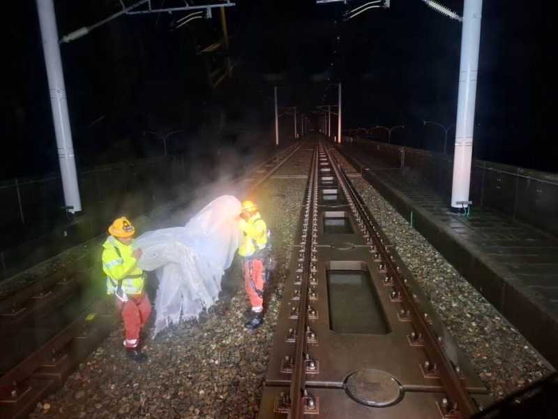 高鐵南部路段傳出異物侵入軌道區，更有雜物橫跨電車線。   圖：台灣高鐵公司／提供