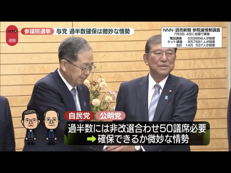  連保守系讀賣新聞調查都顯示自公是否能拿到過半的50席過半非常微妙，其他各媒體調查則顯示非常困難。 圖：攝自NTV官網 