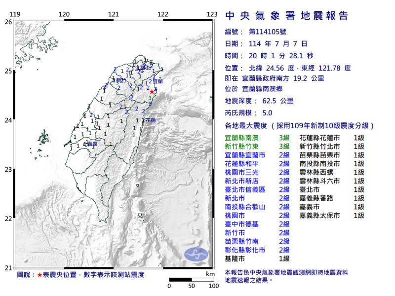 07/07-20:01宜蘭縣南澳鄉發生規模5.0有感地震 圖：中央氣象署   