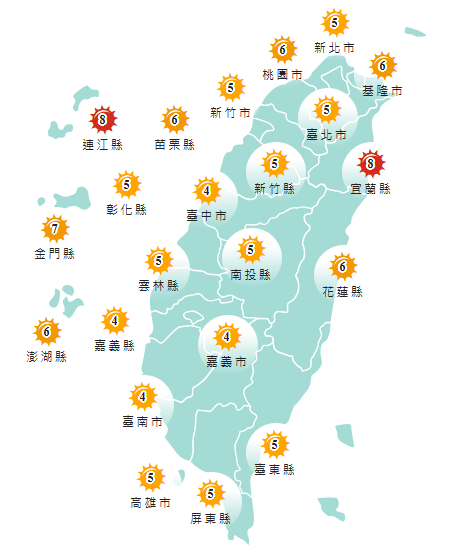 氣象署發布各地紫外線指數預報概況。 圖:氣象署提供