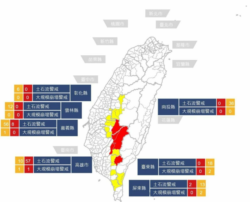 農業部針對嘉義、高雄、屏東等3個行政區內，共發布67條「土石流紅色警戒」。   圖：農業部／提供