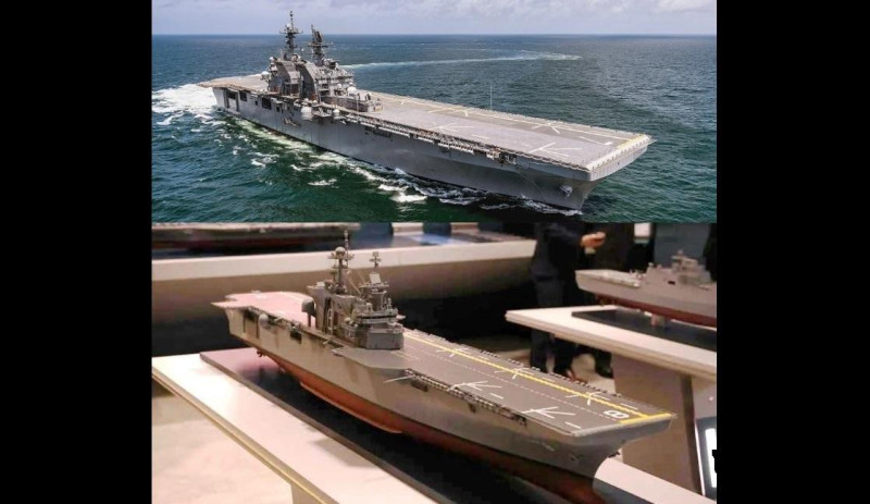 近期有美國軍事媒體報導稱，「美利堅級」兩棲攻擊艦的「布干維爾號」以及「費盧傑號」的實際交付日期將再次順延，預計最多延後一年交付，美國海軍兩棲攻擊艦的實際戰備率也引發民眾擔憂。圖上為「美利堅級」的美利堅號，圖下為「布干維爾號」等「美利堅級」 Flight I 模型。   圖：翻攝自 觀察者網