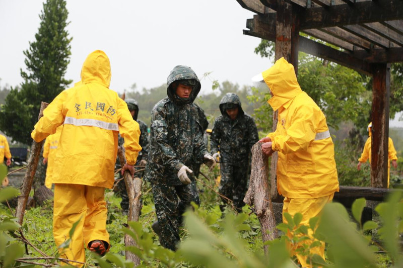 輔導幹部在雨中協同國軍官兵，搬運被颱風吹落的樹枝。   圖：國防部提供