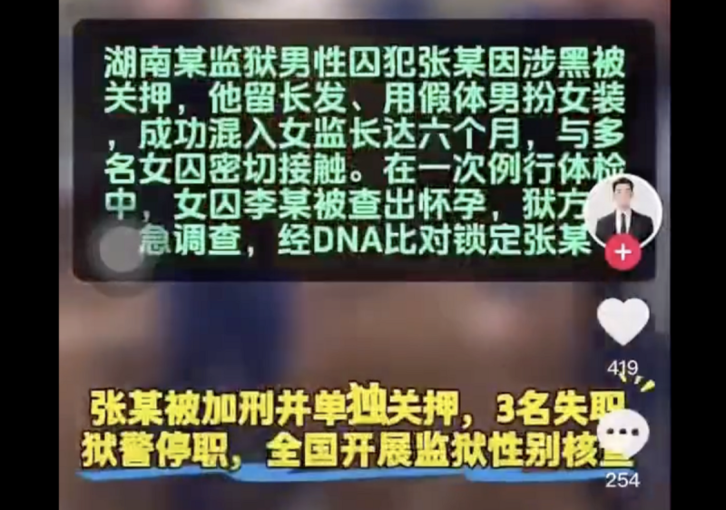 近日網路瘋傳一則訊息，講述中國湖南一名男囚「扮女裝混入女監室」，致使一名女囚懷孕。   圖：擷取自「羅翔」的 X