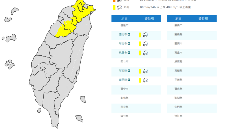 氣象署對5縣市發布大雨特報。   圖：取自中央氣象署