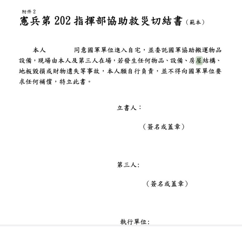 「臺北市政府兵役局協調國軍支援災害防救作業計畫」,還有「憲兵第 202 指揮部協助救災切結書(範本)」: 圖:翻拍自台北市政府救災作業計畫