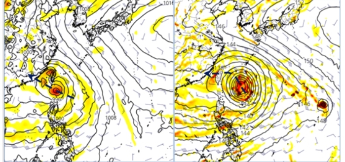最新(12日20時)歐洲模式(ECMWF)及美國(GFS)模式，第7天(19日20時)模擬圖顯示，歐洲模擬熱帶系統在台灣南端近海通過(左圖)，美國模擬則在台灣東方逼近中(右圖)，有明顯差異。   圖/氣象應用推廣基金會(圖擷自tropical tidbits)