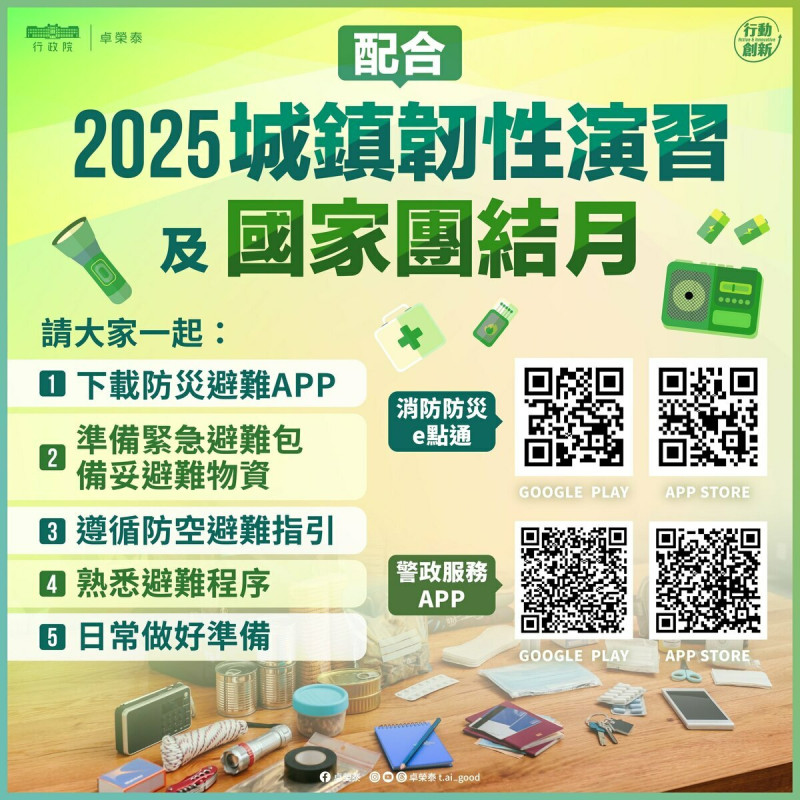 行政院長卓榮泰今(14日)在臉書發文提醒國人,自明(15)天起至周五(7/18),實施2025城鎮韌性(防空)演習,其中,雲林、嘉義與台南等地區則為配合救災,不實施演練。 圖:擷自卓榮泰臉書粉專