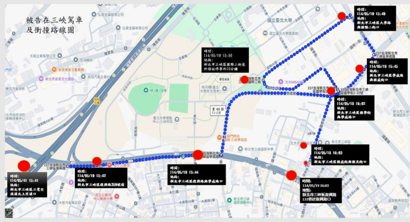 78歲余姓老翁在三峽駕車及衝撞路線圖。 圖:取自「臺灣新北地方檢察署」