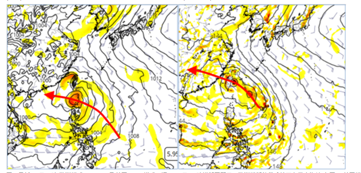 最新(14日20時)歐洲模式(ECMWF)及美國(GFS)模式，週五(18日)20時模擬圖顯示，歐洲模擬熱帶系統正在巴士海峽(左圖)，美國模擬則位置較偏北，但結構較鬆散(右圖)，有明顯差異。   圖：取自財人法團氣象應用推廣基金會