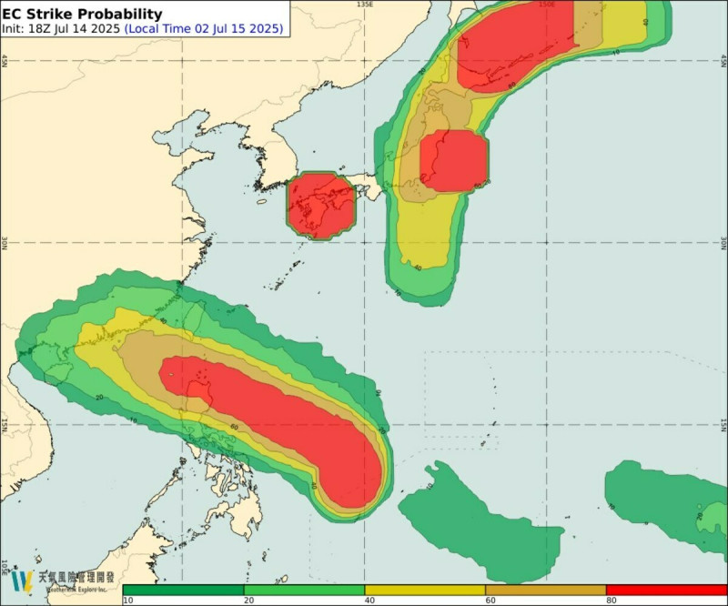 天氣風險公司表示,菲律賓東方的季風槽相當活躍。 圖:翻攝自天氣風險 WeatherRisk臉書/ECMWF熱帶系統系集預報