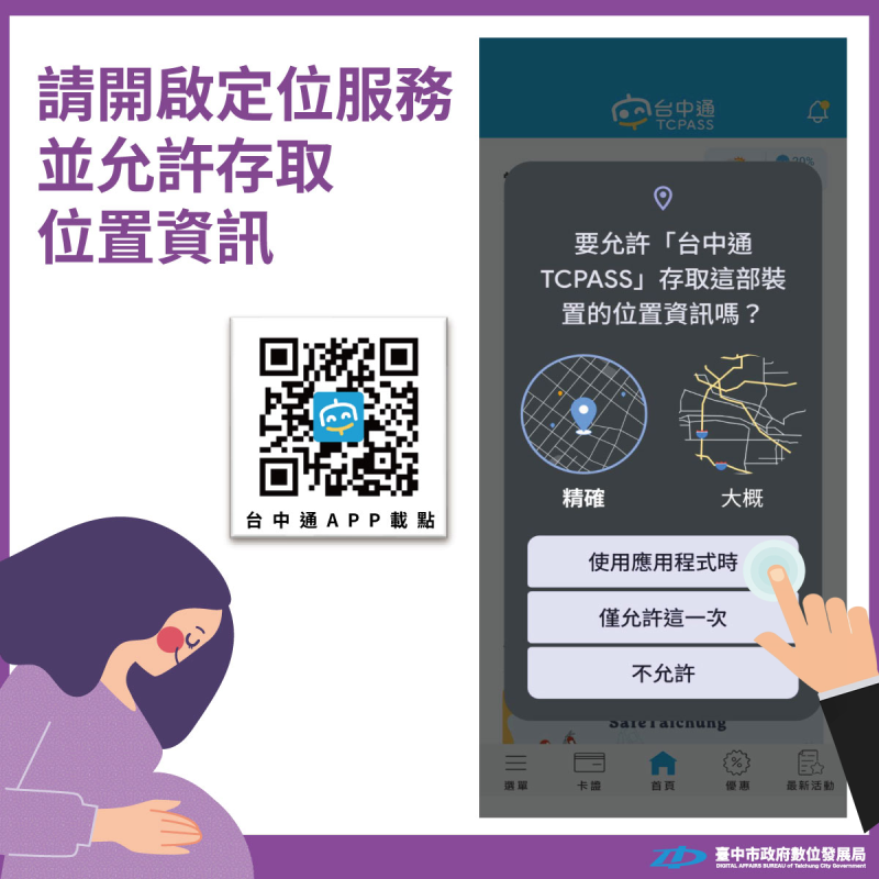 在安裝台中通APP並第一次開啟時，請記得要給予存取位置資訊的權限。   圖：台中市政府/提供