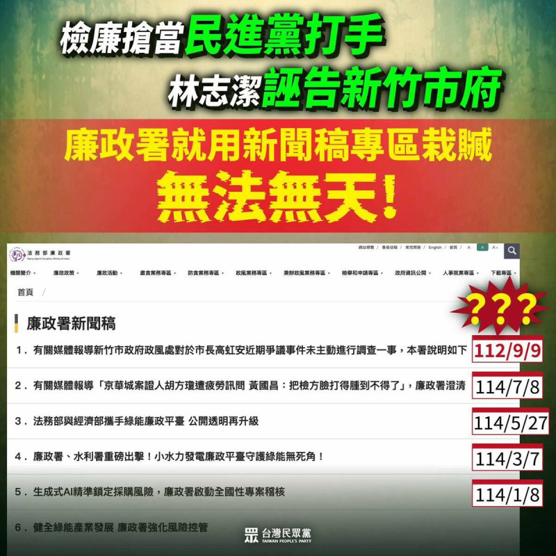 民眾黨團主任陳智菡質疑，新竹雙罷發言人林志潔誣告新竹市府，廉政署用新聞稿專區栽贓。   圖：翻攝陳智菡臉書