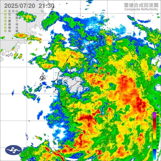 中央氣象署預警,今晚至明(21)日花蓮縣及臺東縣有局部大雨或豪雨,苗栗、臺中、綠島、蘭嶼及恆春半島有局部大雨發生的機率。 圖:中央氣象署提供