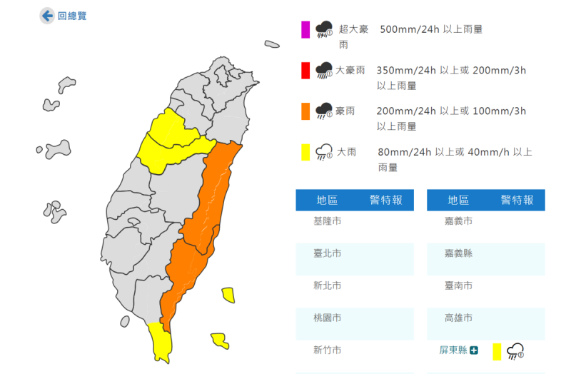 中央氣象署今天（20日）晚間9時35分持續發布豪、大雨特報。   圖:中央氣象署提供