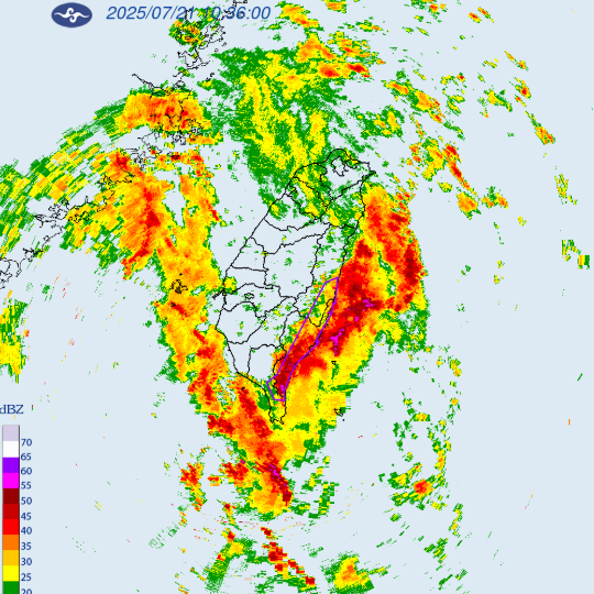 針對台東縣、花蓮縣、屏東縣發布大雷雨即時訊息，到今日12時45分前應慎防劇烈降雨、雷擊，溪(河)水暴漲，坍方、落石、土石流，低窪地區慎防淹水。   圖：取自中央氣象署