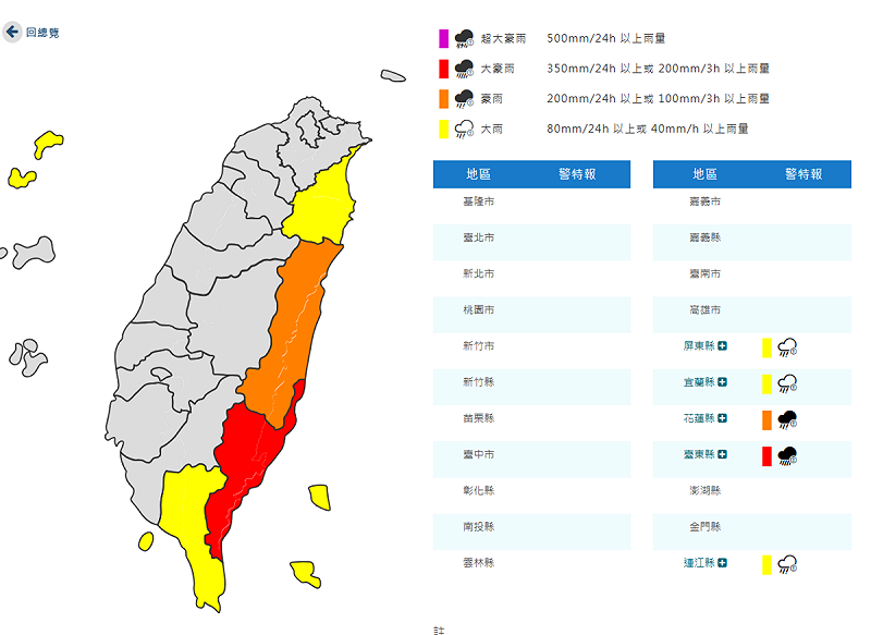 今(21)日氣象署上午已對東部4縣市台東縣、花蓮縣、屏東縣、宜蘭縣和離島連江縣發布豪大雨特報。   圖：取自中央氣象署