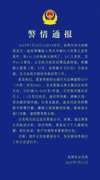 網傳當地警方於 21 日發布通報,宣稱此次事件一共造成 131 死、 337 傷。但由於傷亡數字過於誇張,許多網友對這份通報的真實性抱持懷疑的態度。 圖:翻攝自 @lilioO0Oo X 帳號 網傳當地警方於 21 日發布通報,宣稱此次事件一共造成 131 死、 337 傷。但由於傷亡數字過於誇張,許多網友對這份通報的真實性抱持懷疑的態度。 圖:翻攝自 @lilioO0Oo X 帳號