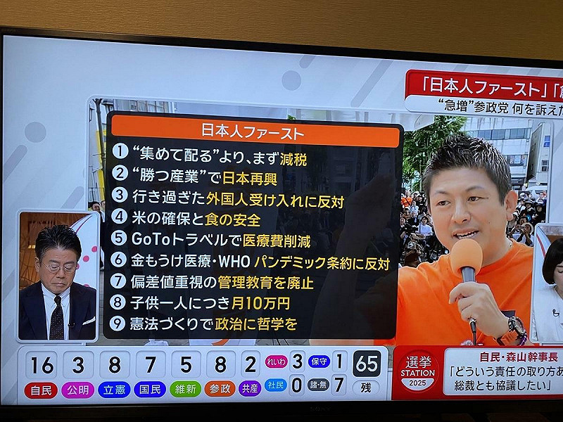  這次大躍進的參政黨黨魁神谷宗幣除了排他的日本人第一主義外，也有諸多歧視女性發言，但他覺得這樣才凸顯主張而拒絕道歉。 圖：攝自朝日電視 