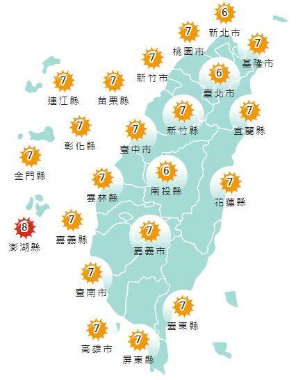 氣象署發布各地紫外線指數預報概況。 圖:氣象署提供
