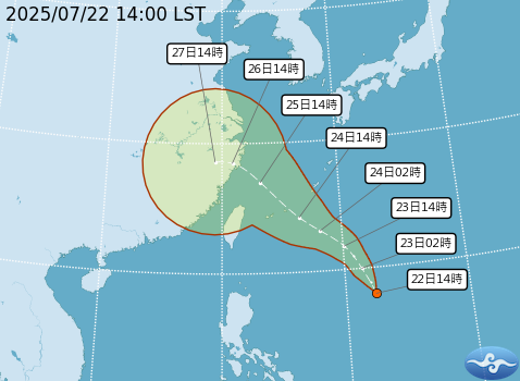 目前海面上有3個熱帶系統，其中熱帶性低氣壓TD10預計明(23)天增強為輕度颱風「范高斯」。   圖：取自中央氣象署