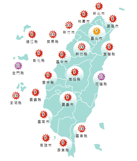 氣象署發布各地紫外線指數預報概況。 圖:氣象署提供