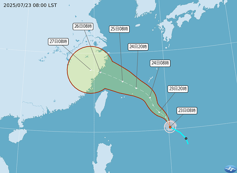 中央氣象署預報顯示,范斯高颱風將由台灣北部外海掠過,距離台灣仍有一段距離。 圖:氣象署 中央氣象署預報顯示,范斯高颱風將由台灣北部外海掠過,距離台灣仍有一段距離。 圖:氣象署