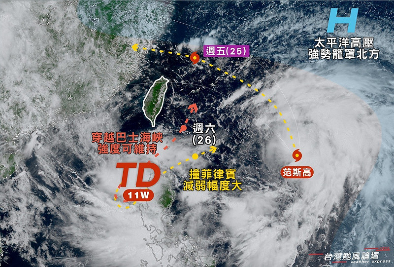 目前台灣周圍有3熱帶系統，除了今(23)晨生成的「范斯高」颱風，緊追在後的98W，昨(22)天生成的熱帶擾動99W超前進度，並在上午成為熱帶低壓TD11W，還可能在本週生成輕颱「竹節草」。   圖：取自「台灣颱風論壇｜天氣特急」