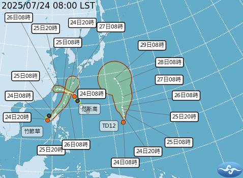 目前海面上有3個熱帶系統，一個是昨天上午8時生成的范斯高颱風，另一個是昨日晚間8時生成的竹節草颱風，而原本在關島附近海面附近的熱帶擾動98W，也於今日上午成為熱帶低壓TD12。   圖：取自中央氣象署