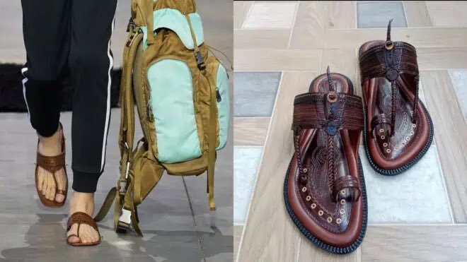 Prada於米蘭男裝週上展示的一款棕色皮革涼鞋(左)，遭外界指出文化挪用印度傳統涼鞋Kolhapuri。   圖：翻攝自 X @hvgoenka