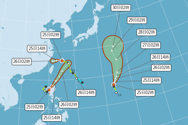 氣象署表示，編號第7號颱風輕度颱風范斯高今（25）天將接近台灣東北部至北部外海，下半天有減弱為熱帶性低氣壓的趨勢。第8號颱風竹節草在菲律賓西方近海打轉，預測強度將逐漸減弱。第9號輕度颱風柯羅莎距離台灣遙遠，對台灣天氣並沒有直接影響。   圖：氣象署提供