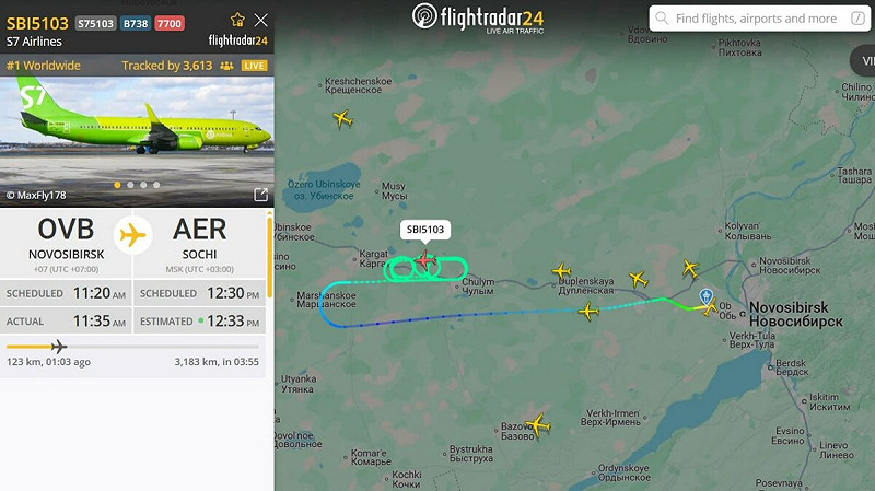 S7航空公司的波音737，從新西伯利亞飛往索契時機艙失壓，緊急返航。圖為路線圖。   圖：翻攝自 X @nexta_tv