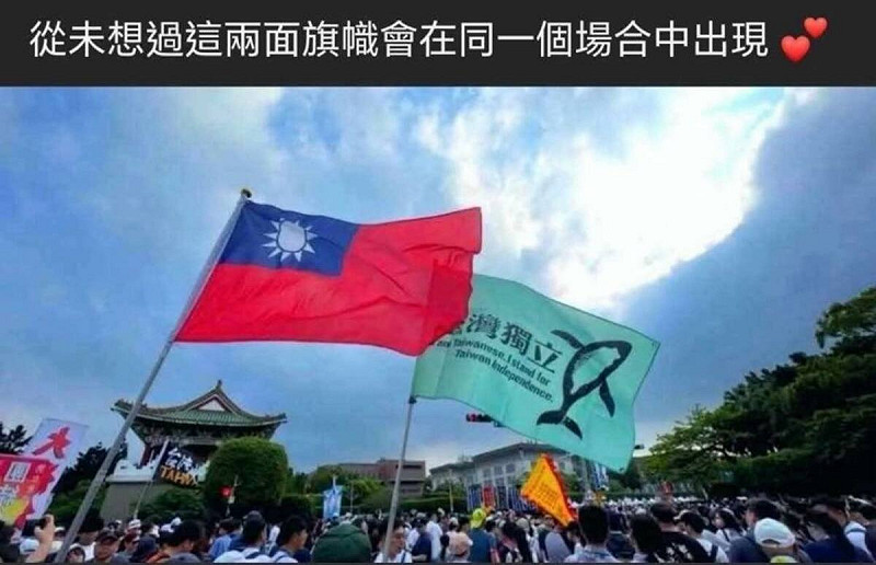 有民眾高舉台灣獨立旗參與大罷免遊行,在人群也有不少人手持中華民國國旗與會。 圖:翻攝矢板明夫臉書