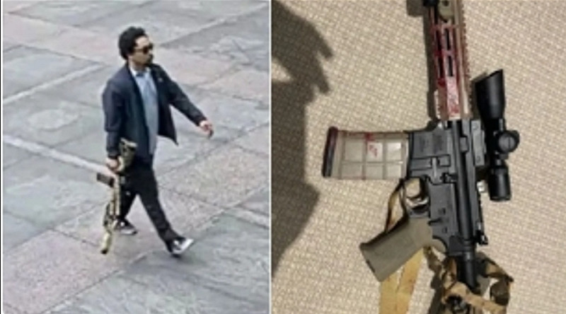 監視器拍到槍手出現在紐約曼哈頓大樓外的畫面。   圖 : 翻攝自騰訊網