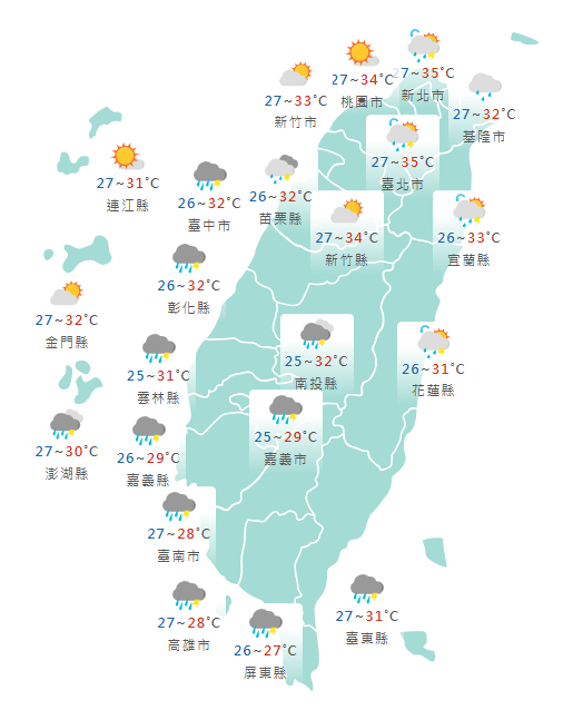 氣象署公布各地天氣預報概況。   圖：氣象署提供