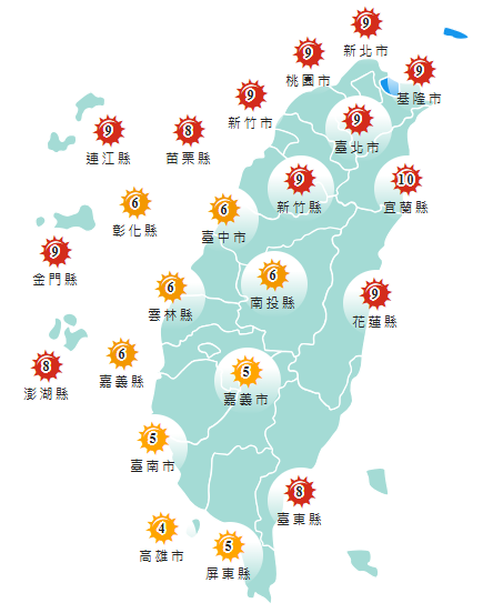 氣象署發布各地紫外線指數預報概況。   圖：氣象署提供