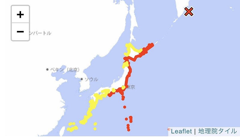 俄羅斯堪察加半島近海30日上午發生規模8.7強烈地震，海嘯警報發布。   圖：日本氣象廳