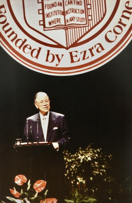 1995年，李登輝前總統以「民之所欲，長在我心」為題於康乃爾大學發表演說。   圖：國史館提供（資料照片）