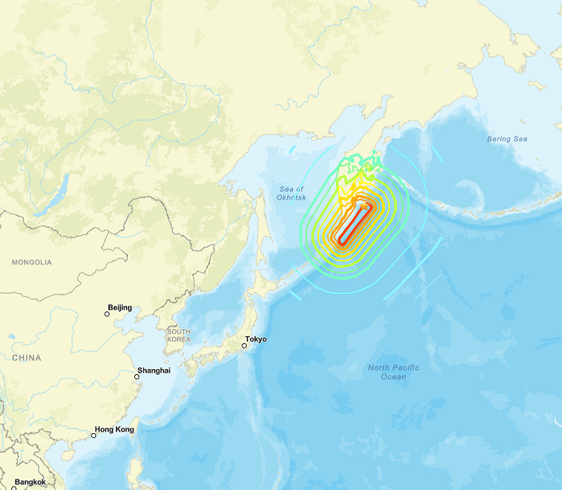俄羅斯堪察加半島東部外海今日上午發生規模8.7地震，並引發環太平洋地區發布海嘯警報。   圖：取自美國地質調查局