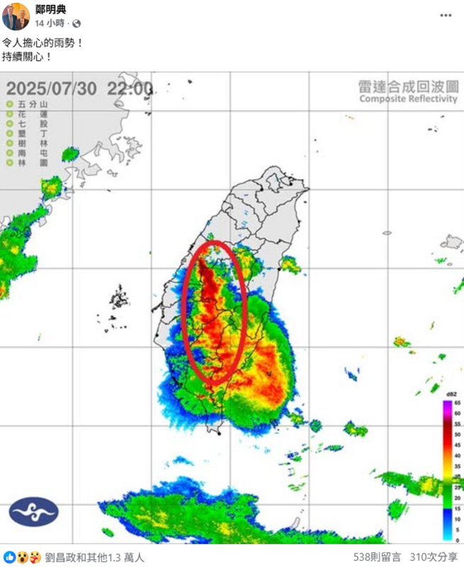 受到西南氣流的影響，今(31)日中南部仍持續大雨，前中央氣象局長鄭明典甚至也點名是「令人擔心的雨勢」。   圖：取自鄭明典臉書