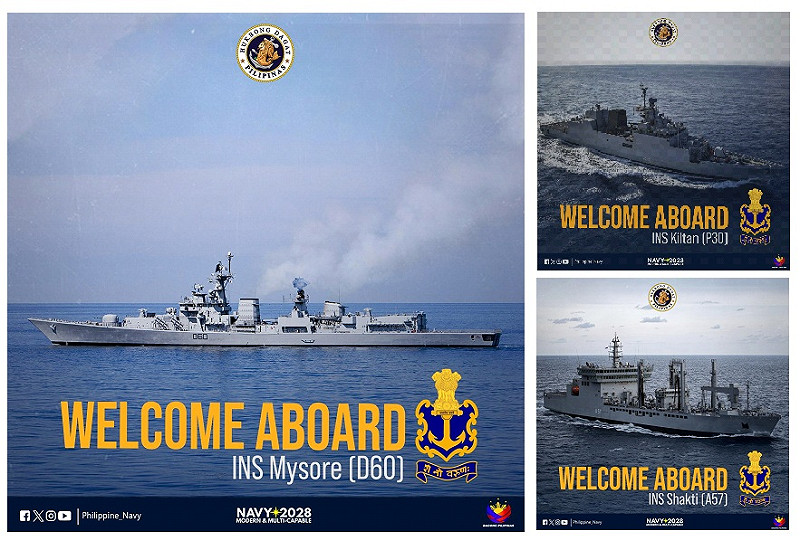 印度與菲律賓海軍將「首次」在南海展開首次聯合巡航，印度3艦分別為米梳爾號驅逐艦（D60，左）、基爾丹號護衛艦（P30，右上）、沙克蒂號補給艦（A57，右下）。   圖：翻攝「X」@Philippine_Navy