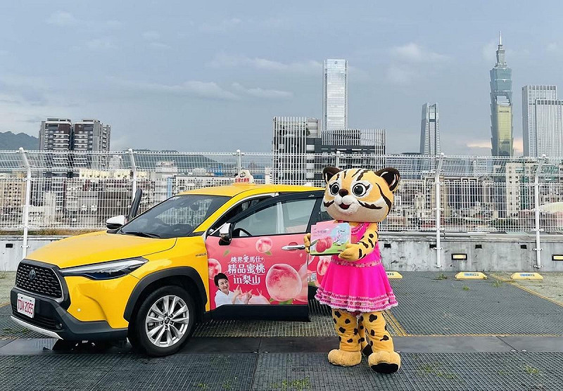 盧秀燕形象廣告出現在台北市逾兩百輛計程車上，表面宣傳梨山水蜜桃，實則被質疑藉機強化個人聲量與政治曝光。   圖：取自市議員江肇國threads平台