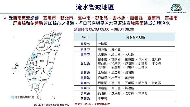 國家災害防救科技中心提醒，全台10縣市、39地區要提防降雨造成的積淹水。   圖：國家災害防救科技中心／提供
