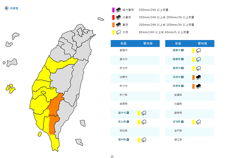 氣象署對全台9縣市發布豪大雨特報。   圖：取自中央氣象署