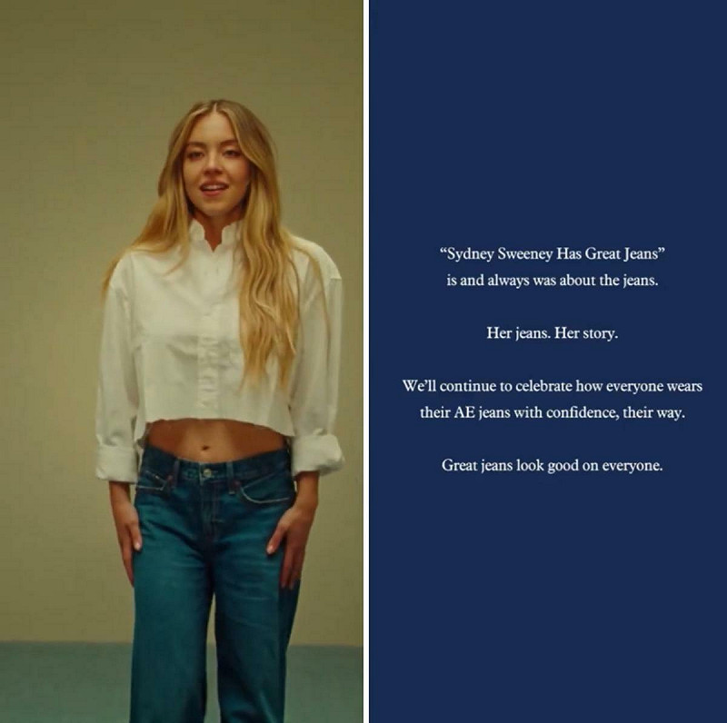 雪妮・史薇尼(Sydney Sweeney)代言牛仔褲,廣告台詞引爭議。 圖:翻攝自 X 雪妮・史薇尼(Sydney Sweeney)代言牛仔褲,廣告台詞引爭議。 圖:翻攝自 X