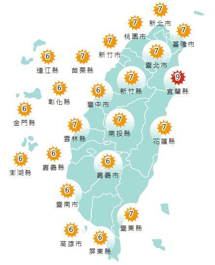 氣象署發布各地紫外線指數預報概況。 圖:氣象署提供
